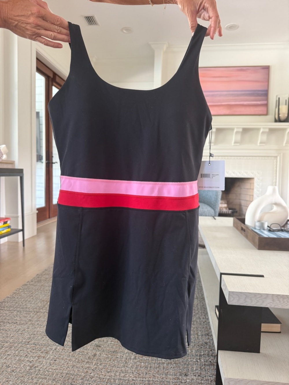 Beach Riot Black Tank Dress with Pink and Red Waist Bands